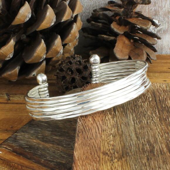 Hammered Silver 7 Line Cuff Bracelet - Picture 1 of 2